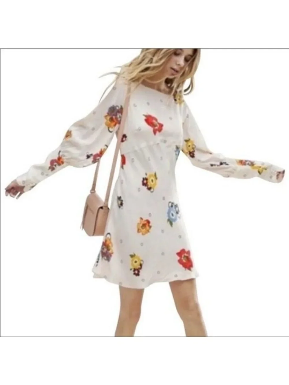 Free People Ivory Floral Sunshadows boat neck Mini Dress size 0